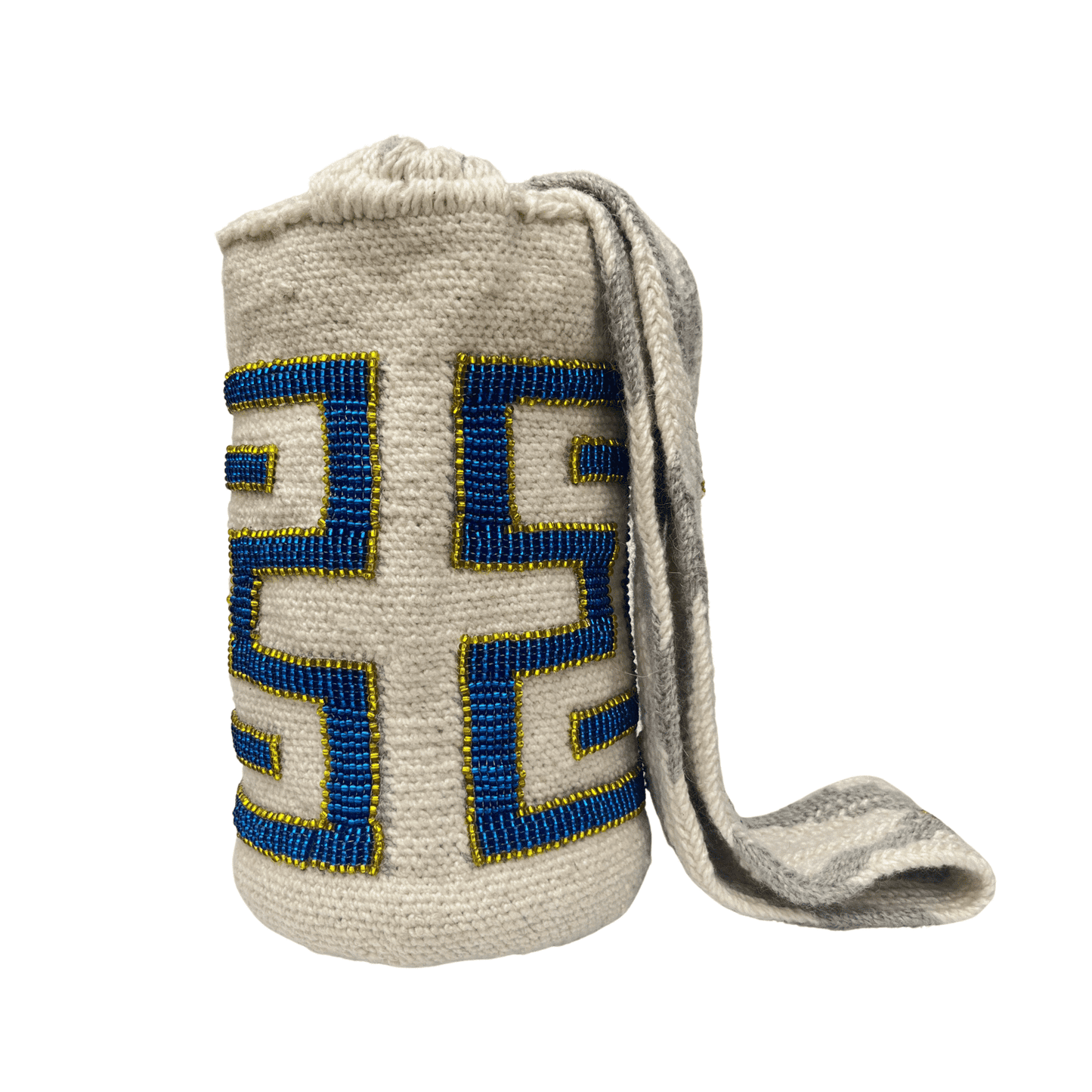 Mochila arhuaca para mujer decorada con chaquiras azules y amarillas