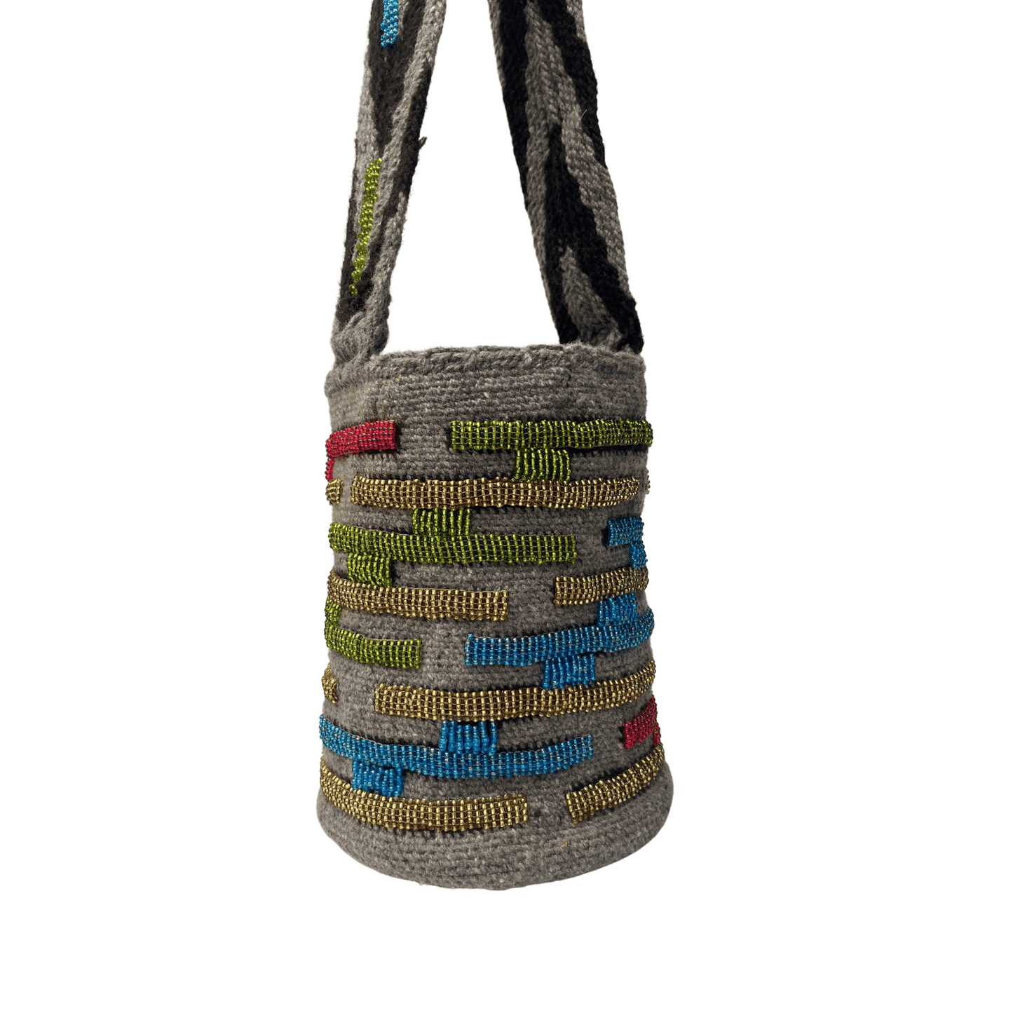 Mochila arhuaca para mujer con mostacillas de colores dorado, verde, azul y rosado