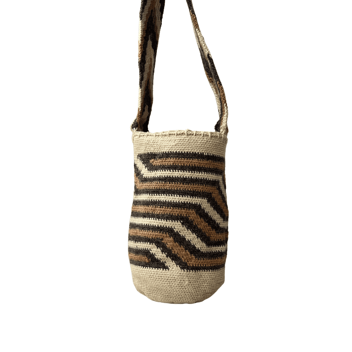 Mochila arhuaca diseño pensamiento de mujer colores cafe gris
