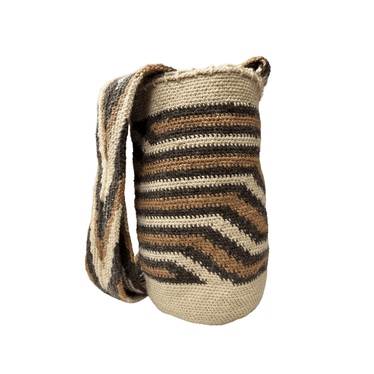 Mochila arhuaca tejida con diseño pensamiento de mujer colores cafe gris