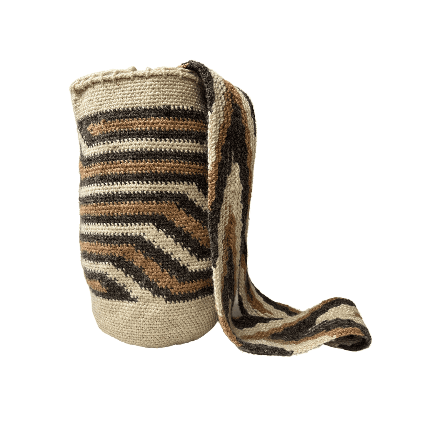 Mochila kankuama tejida diseño pensamiento de mujer colores cafe gris