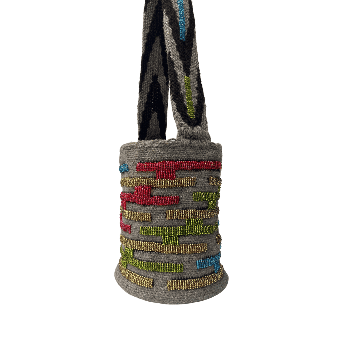 Mochila para mujer con chaquiras de colores dorado, verde, azul y rosado