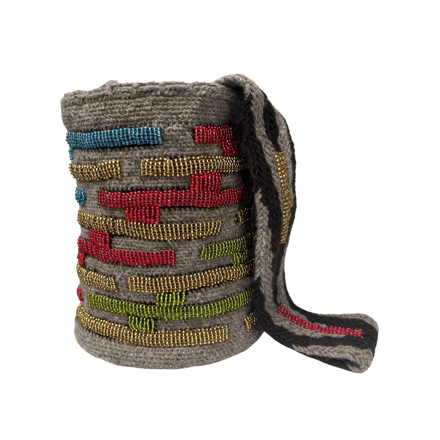 Mochila tejida para mujer con chaquiras de colores dorado, verde, azul y rosado