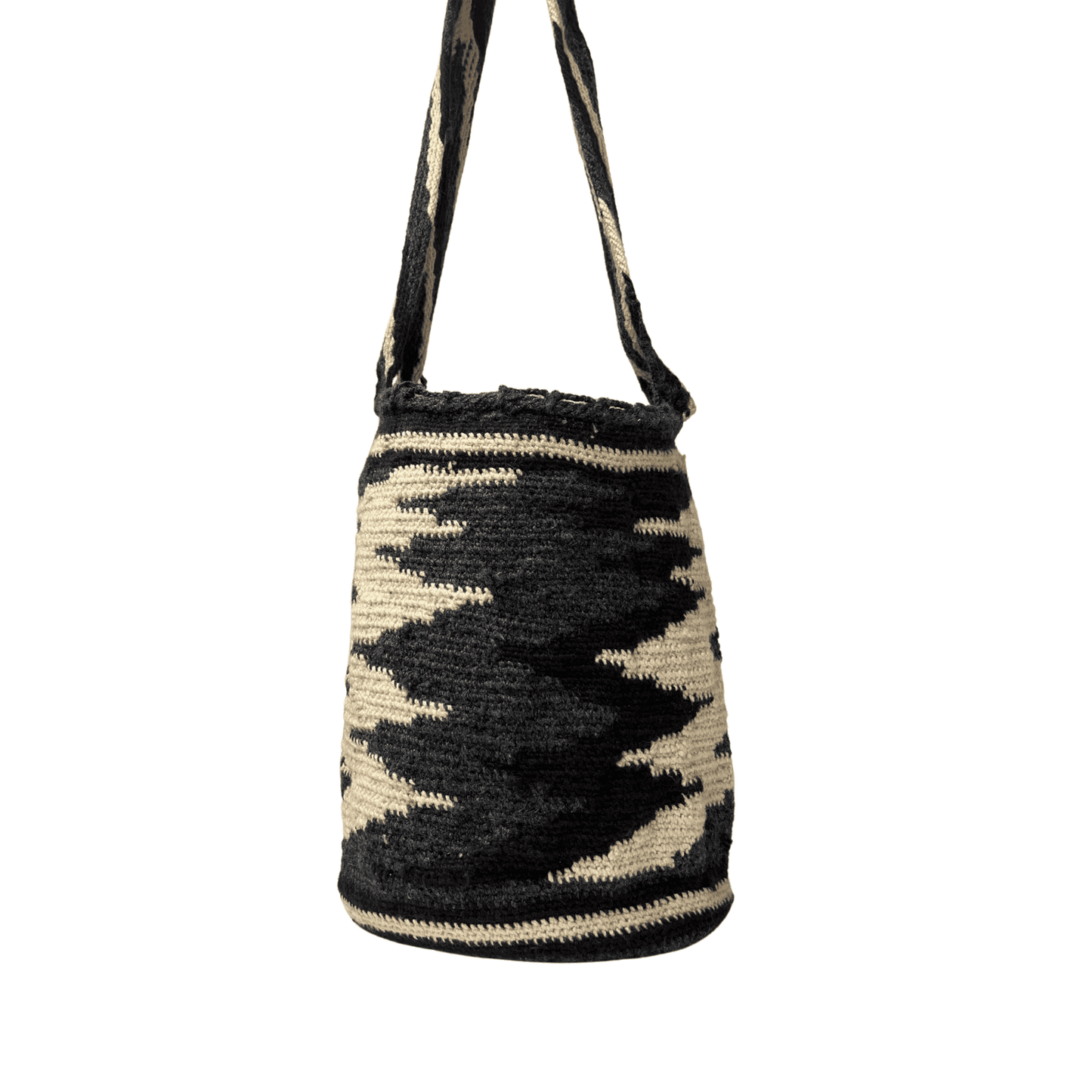 Mochila arhuaca tejida hombre colores azul negro y beige