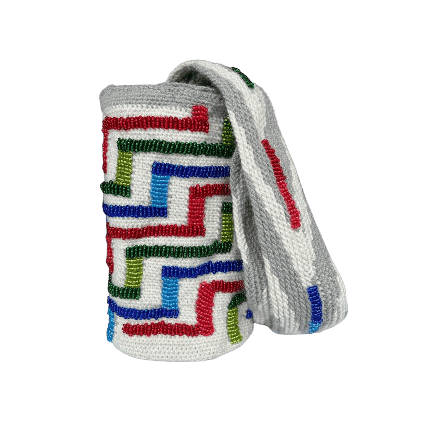 Mochila Arhuaca decorada con mostacillas verdes, azules y rojas