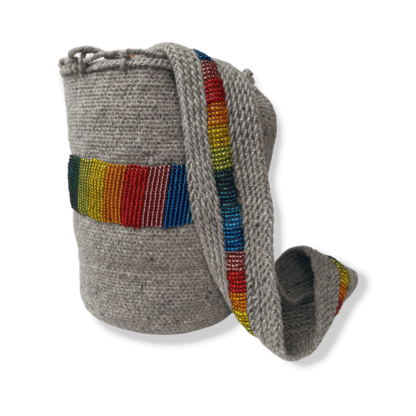 Mochila arhuaca recamada a mano con mostacillas de colores del arcoiris