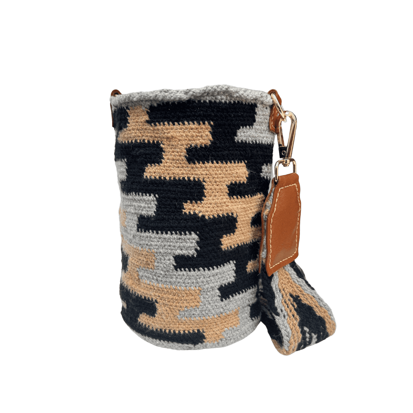 Mochila arhuaca pequeña con diseño de colores cafe claro, negro y gris