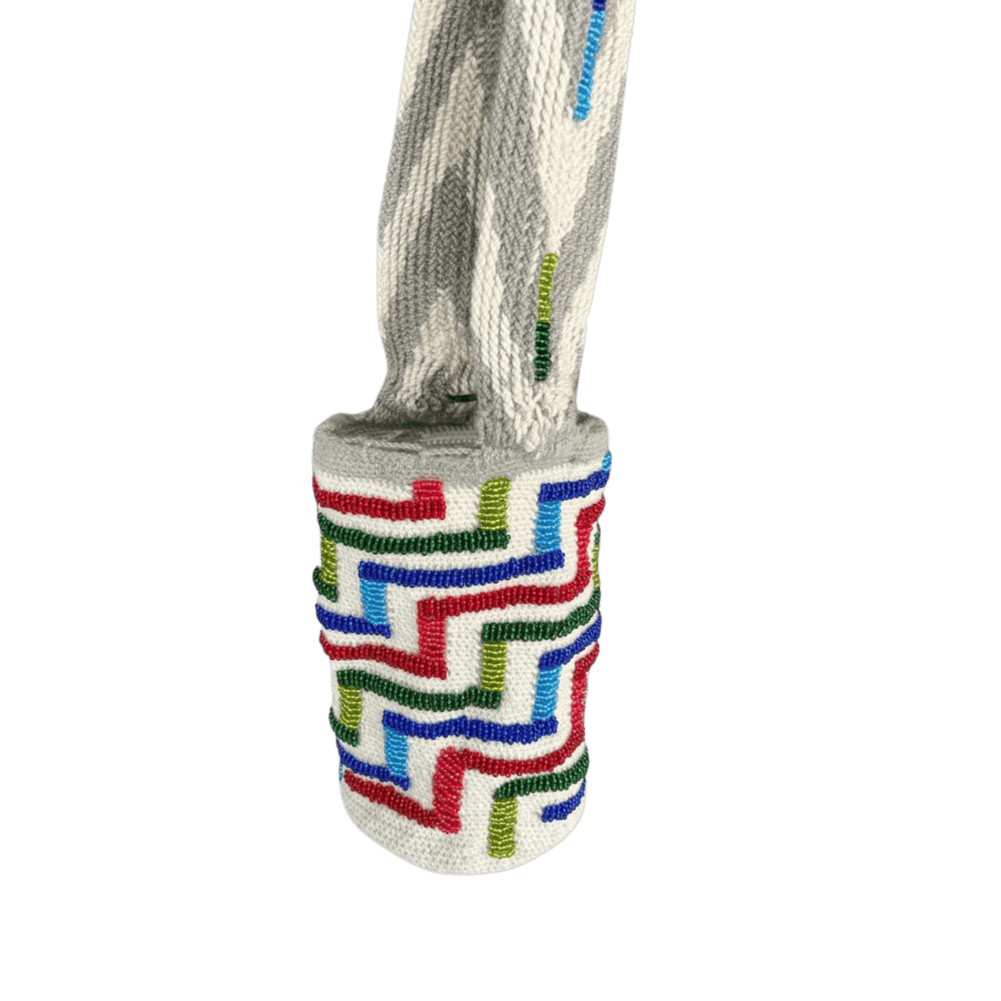 Mochila Arhuaca diseño de escalera decorada con mostacillas verdes, azules y rojas
