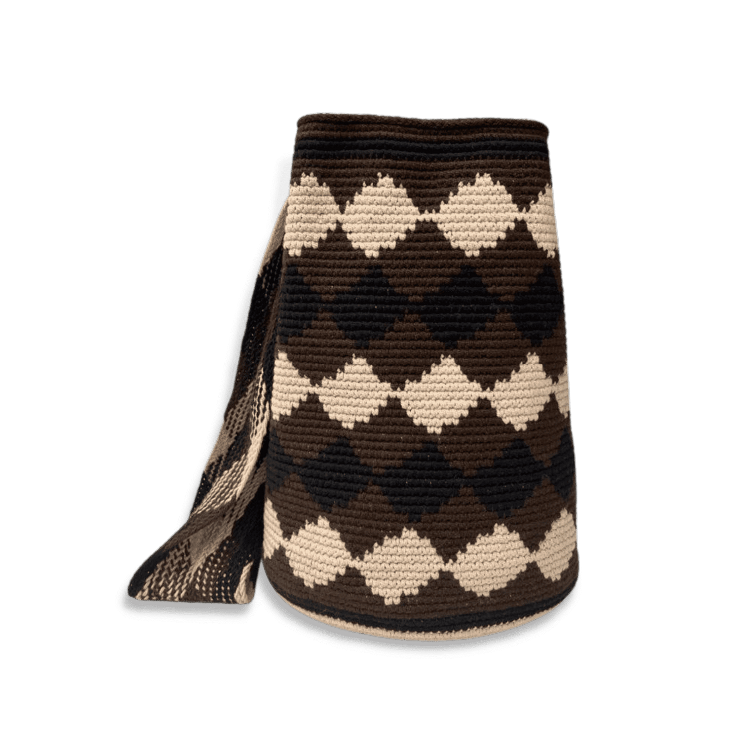 Mochila wayuu original para hombre diseño rombos negro, cafe y beige