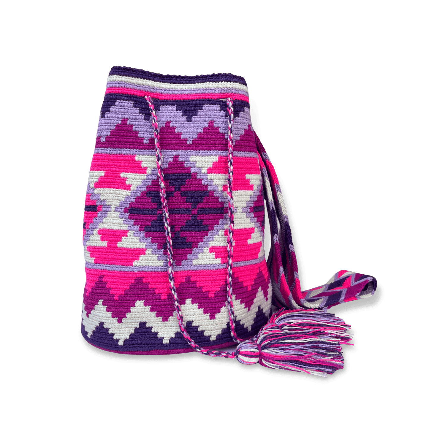 Mochila Wayuu para mujer con diseño en colores morado, blanco y fucsia