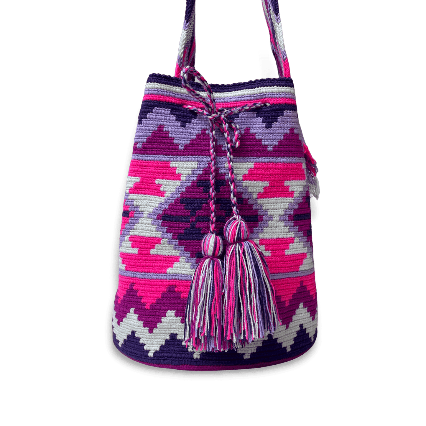 Mochila Wayuu original con lindo diseño morado, fucsia y blanco