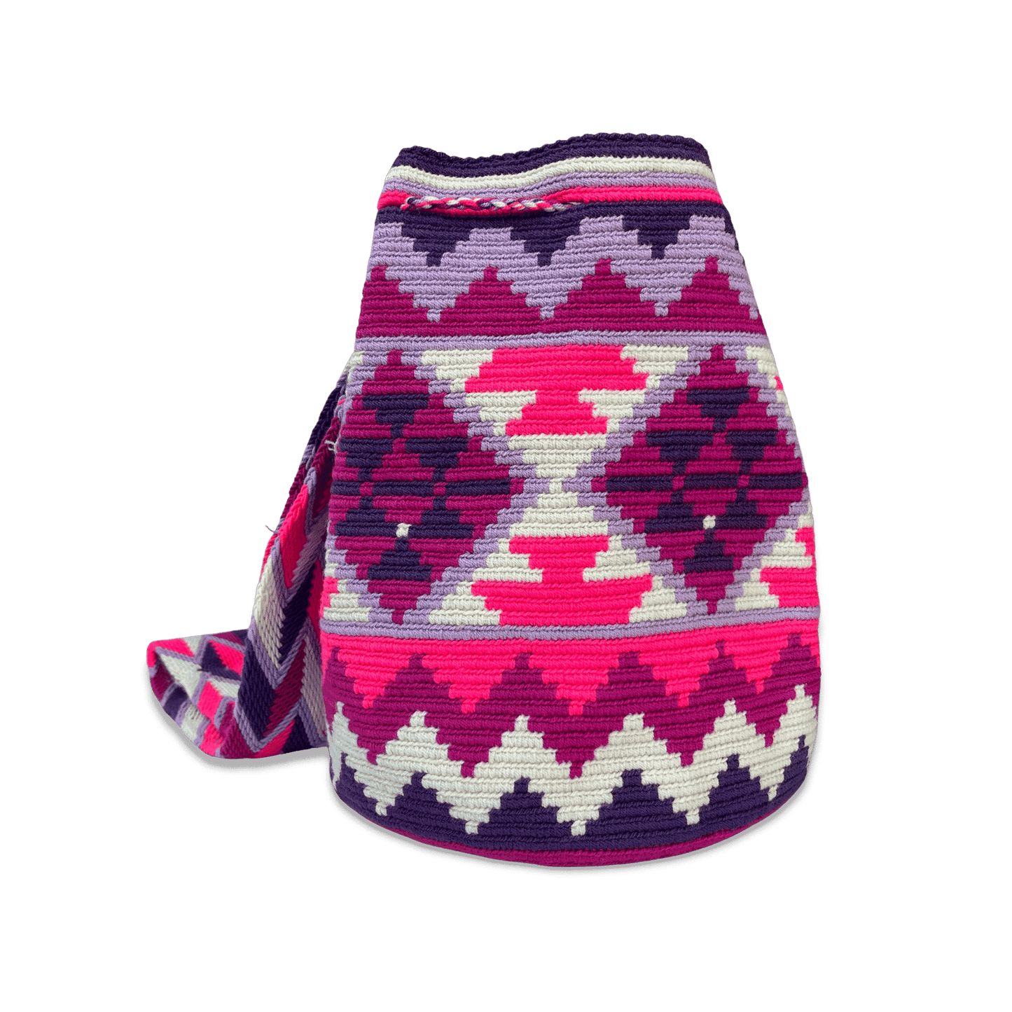 Mochila original wayuu para mujer de colores blanco, fucsia y morado