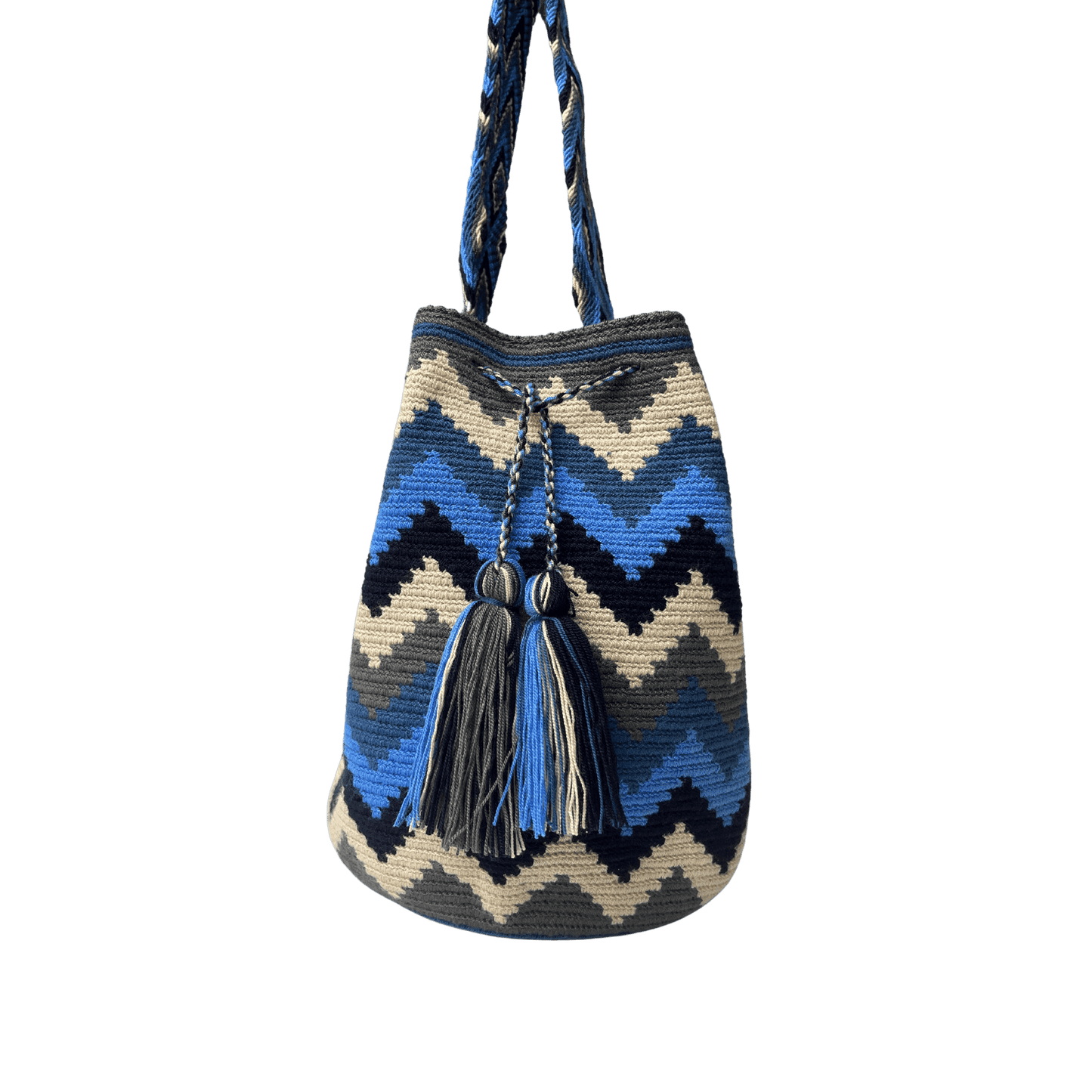 Mochila wayuu para mujer en colores azules, beige y gris