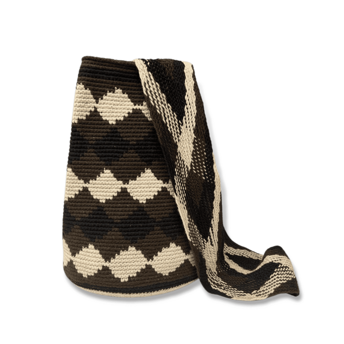 Mochila wayúu original para hombre diseño rombos negro, café y beige