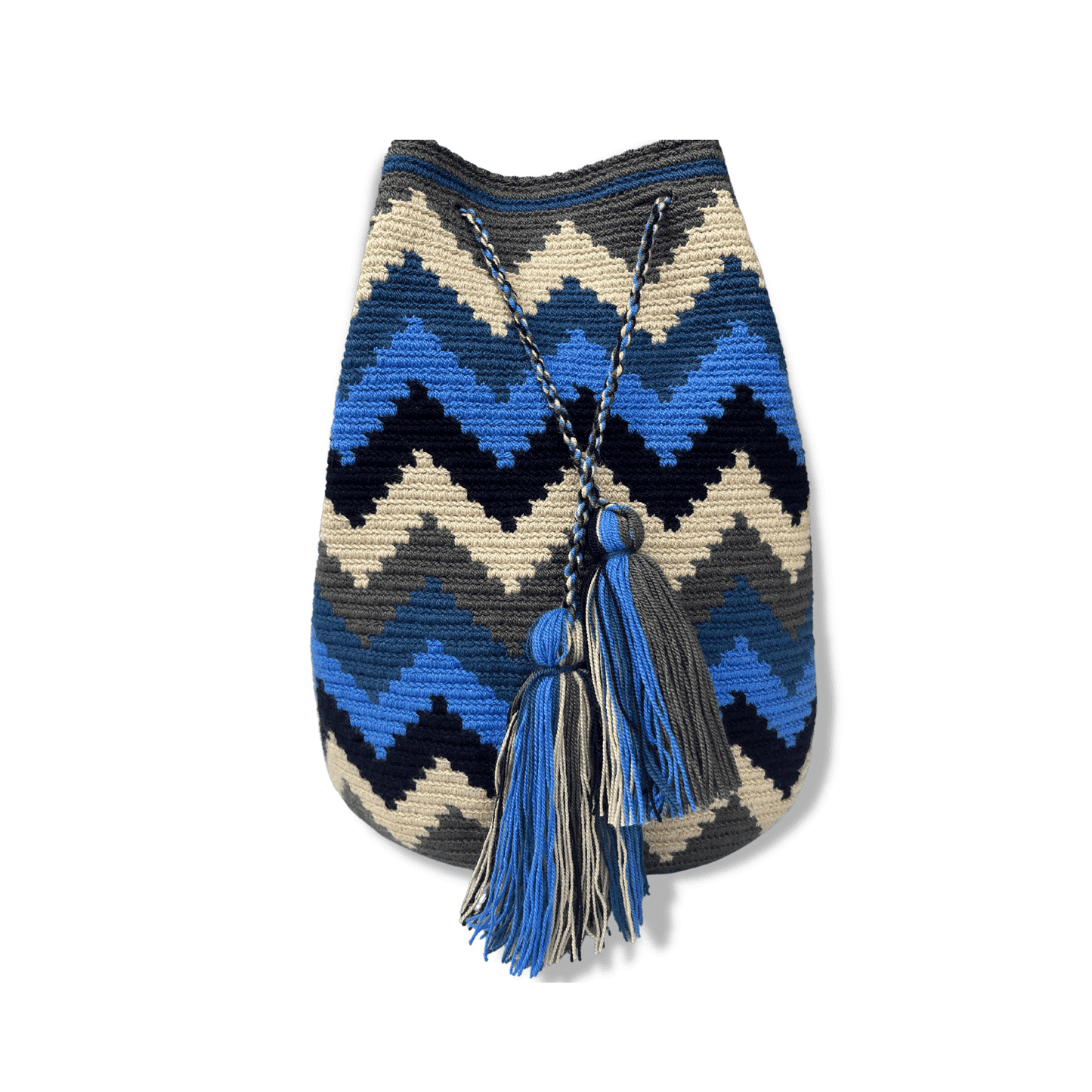 Mochila wayu para mujer en colores azules, beige y gris con diseño de montañas