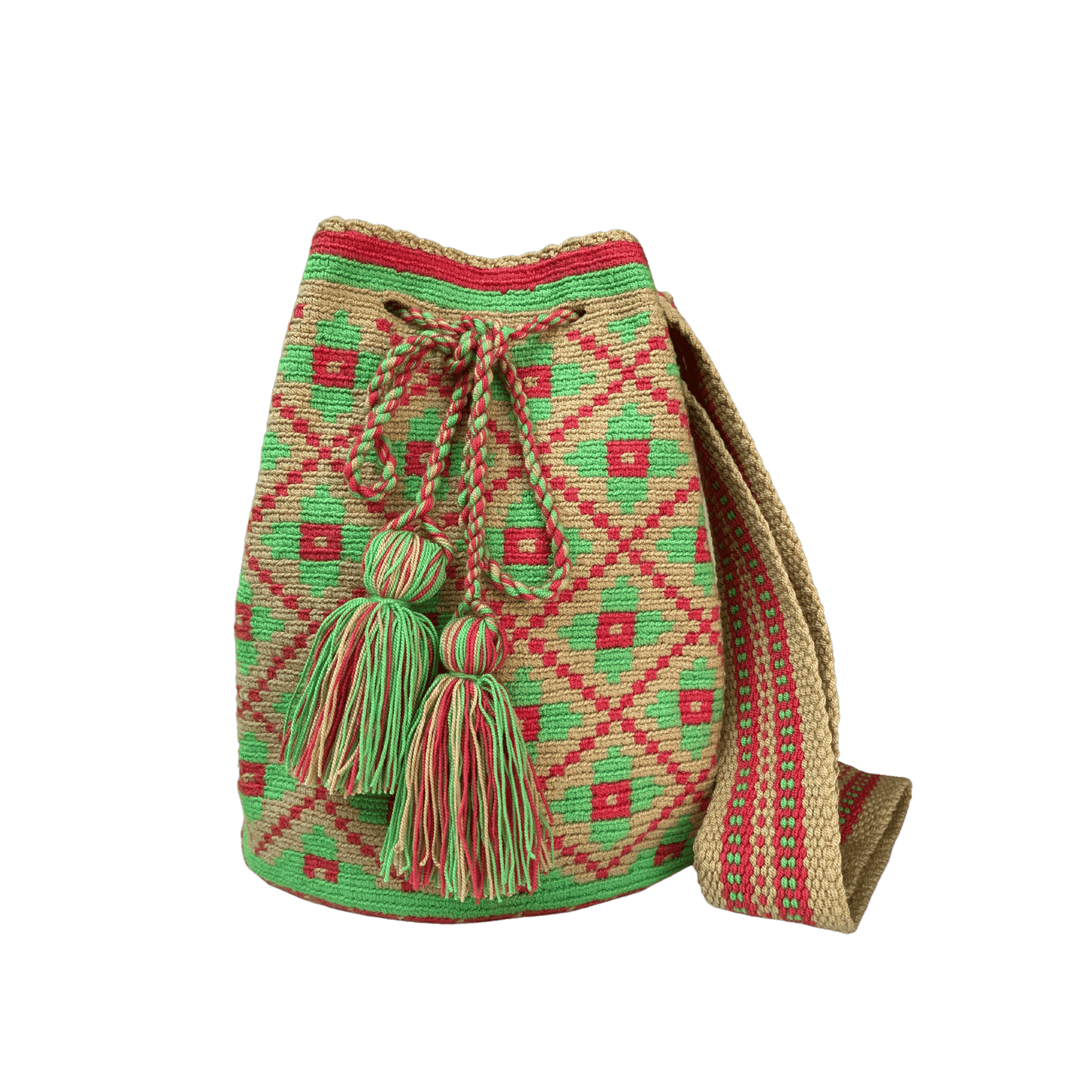 Mochila wayuu original tejida a una hebra con diseño de flores en colores rojo y verde