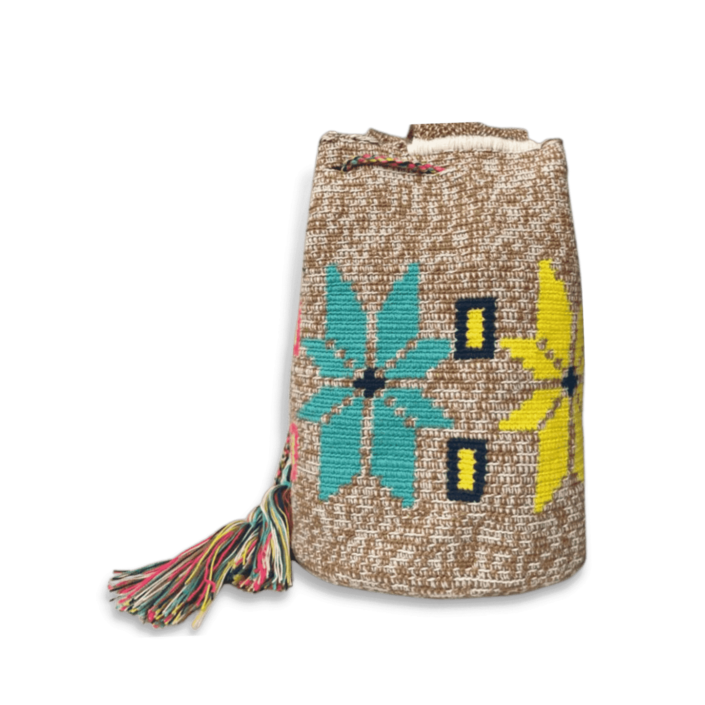 Bolso wayuu para mujer con diseño de flores de colores azul, amarillo y fucsia