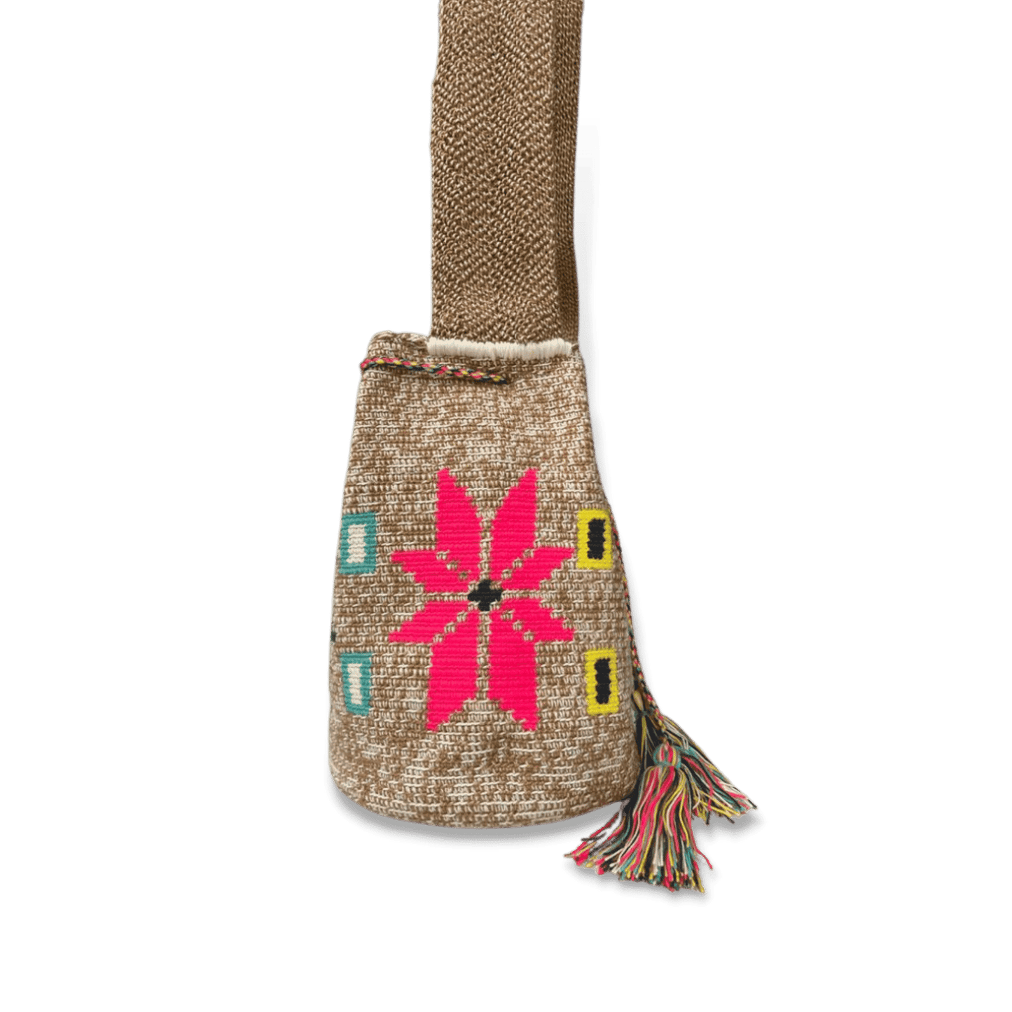bolso wayuu para mujer tejido a mano con diseño de flores de colores azul, amarillo y fucsia