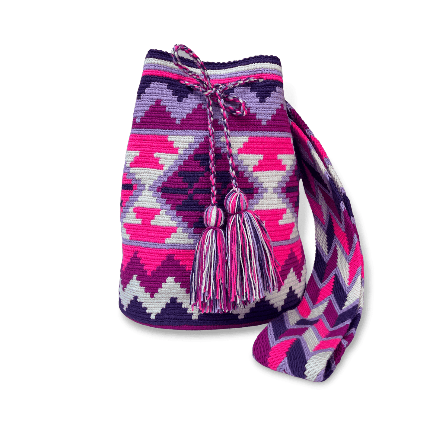 Bolso wayuu para mujer tejido a mano. Colores blanco, morado y fucsia