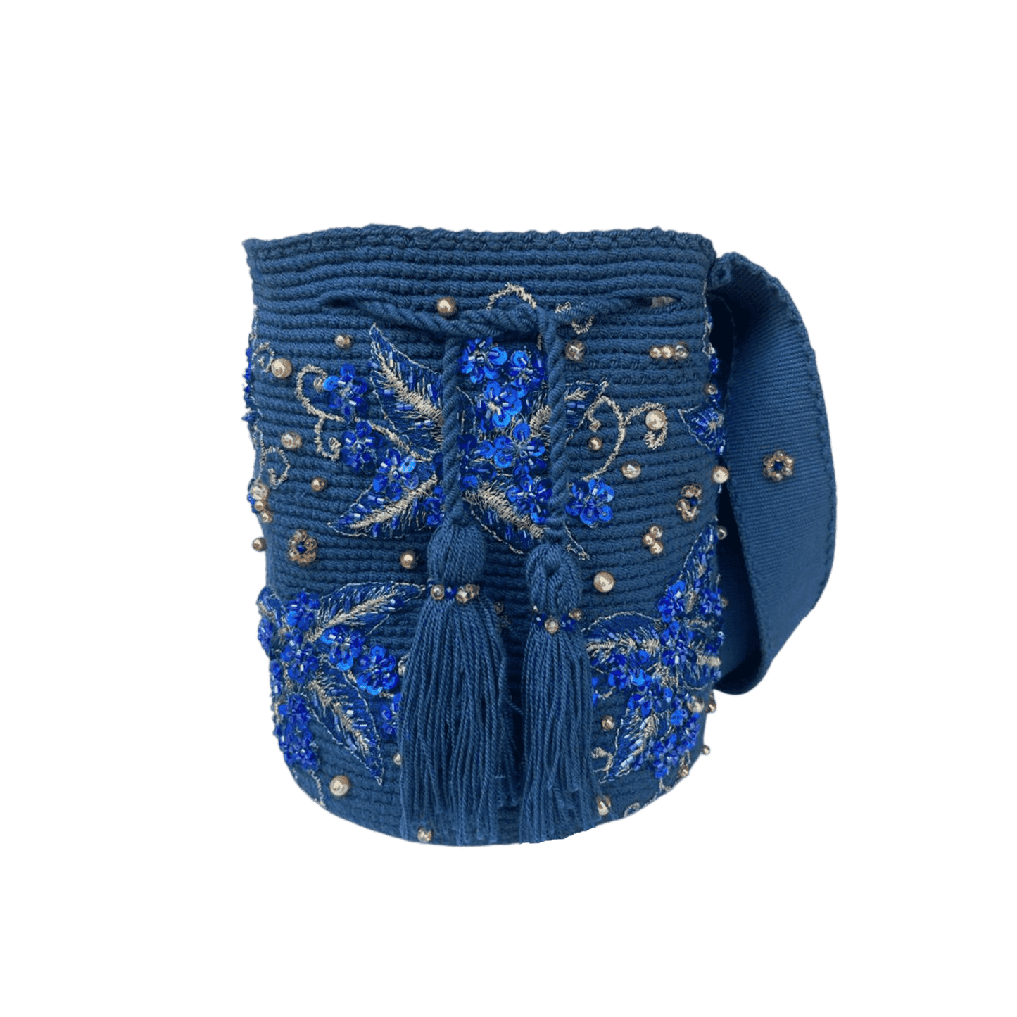 Mochila wayuu artesanal color azul decorada a mano