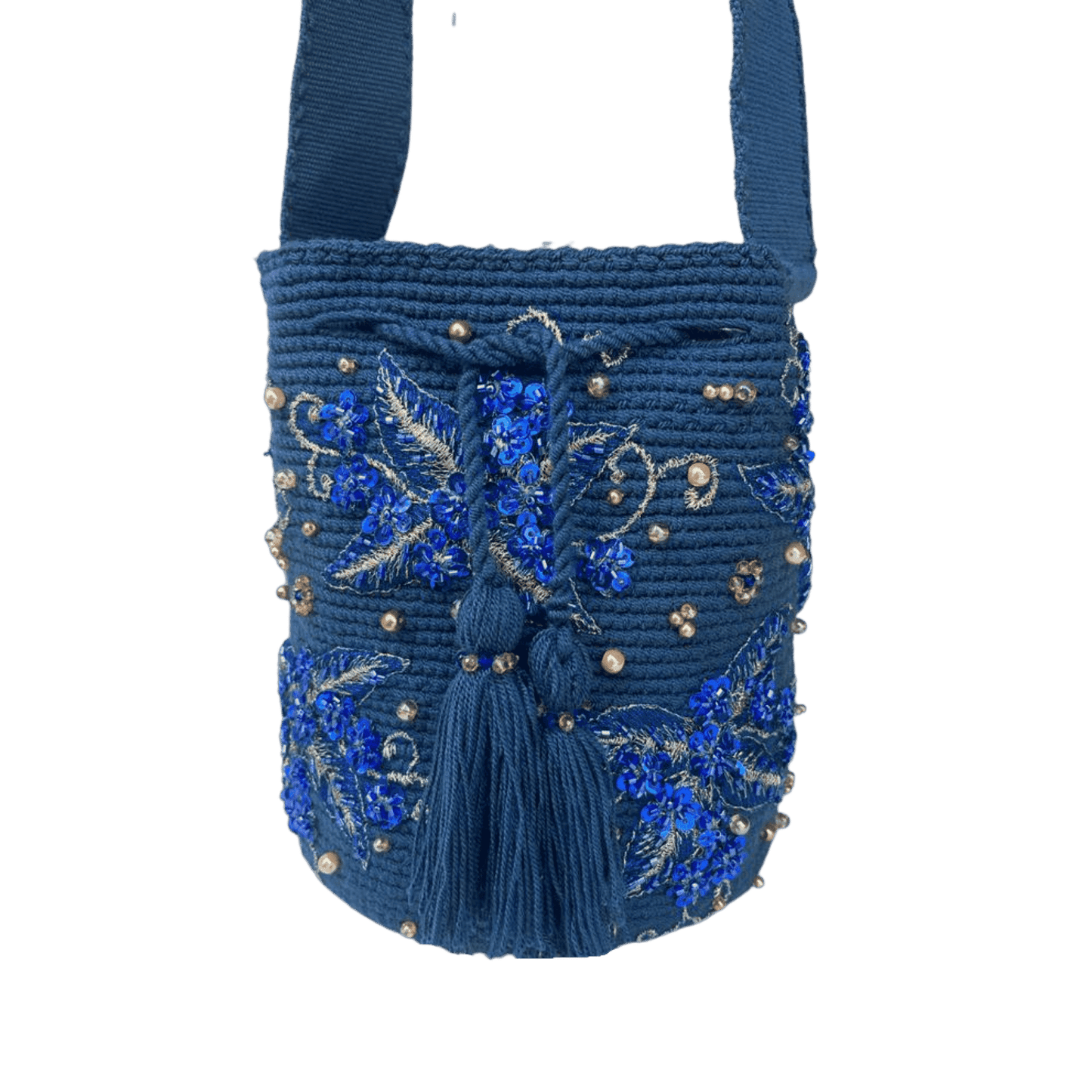 Mochila Wayuu color azul decorada a mano