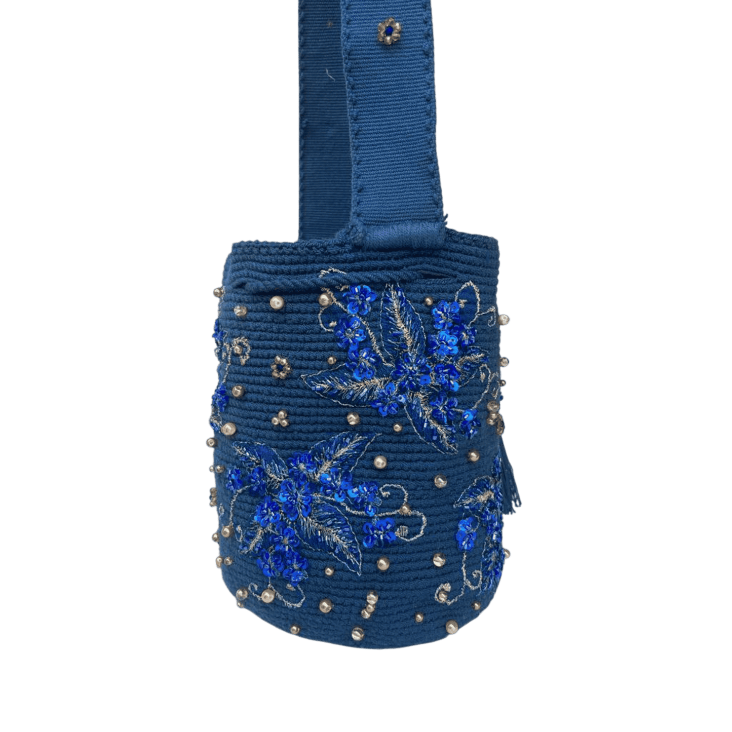 Mochila colombiana color azul decorada a mano con perlas, lentejuelas y canutillos