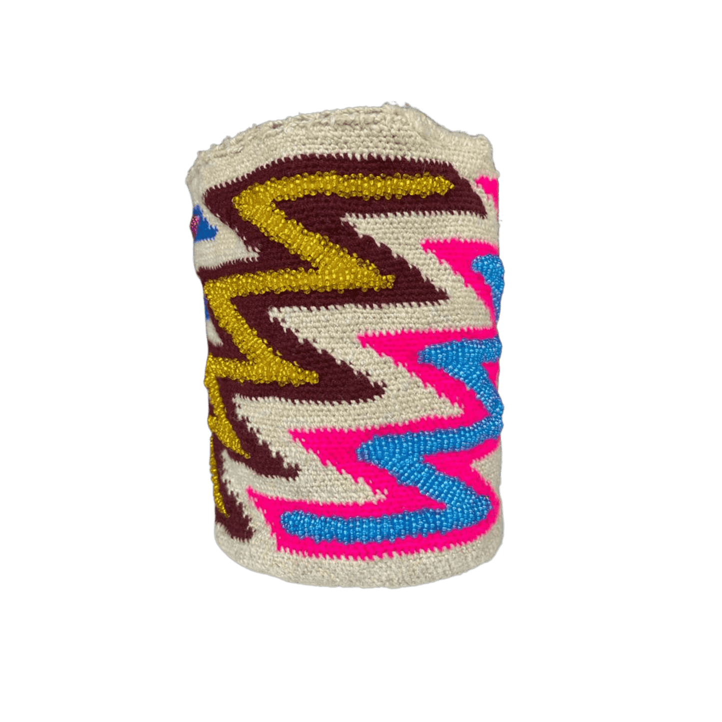mochila arhuaca en zigzag decorada con mostacillas de colores amarillas, azules y rosadas