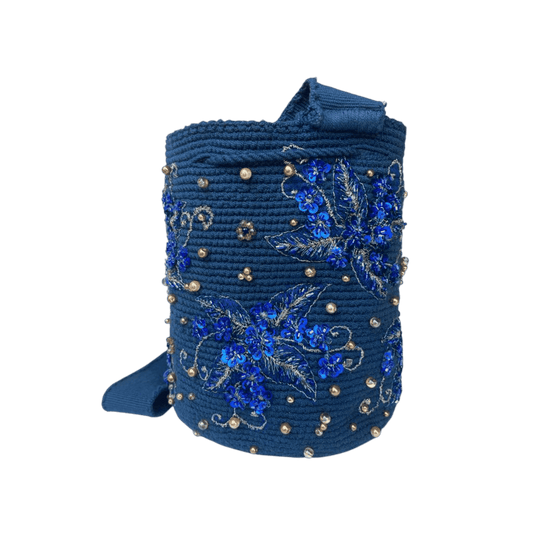 Mochila Wayuu Recamada a mano color azul rey