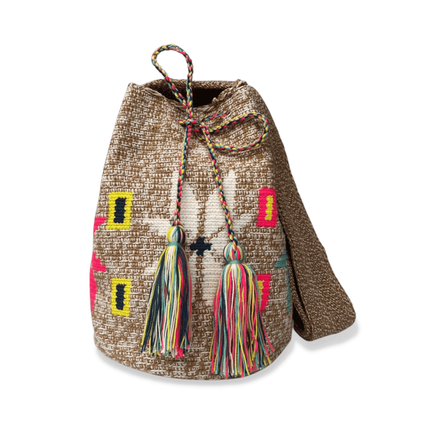 mochila wayuu para mujer tejida a mano con diseño de flores de colores azul, amarillo y fucsia