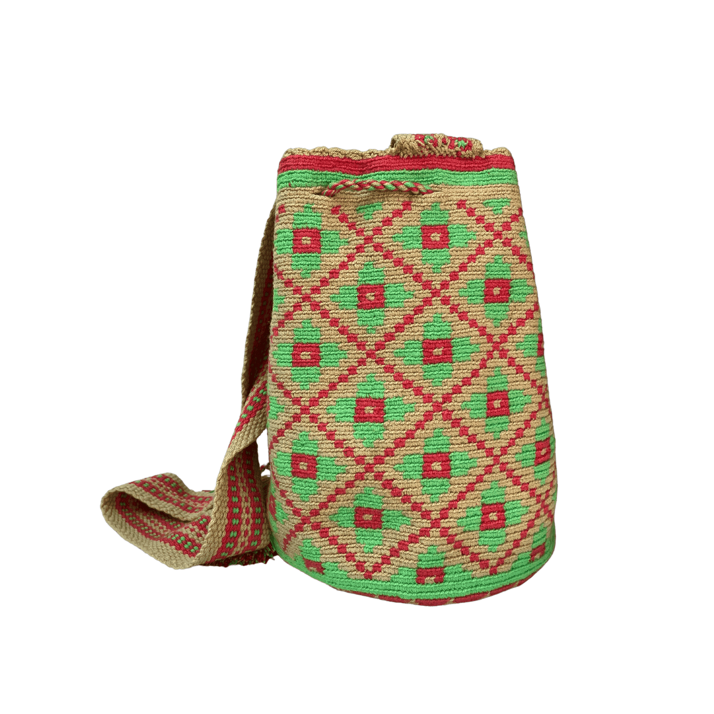Mochila wayuu tejida a una hebra con diseño de flores en colores rojo y verde enmarcadas en rombos