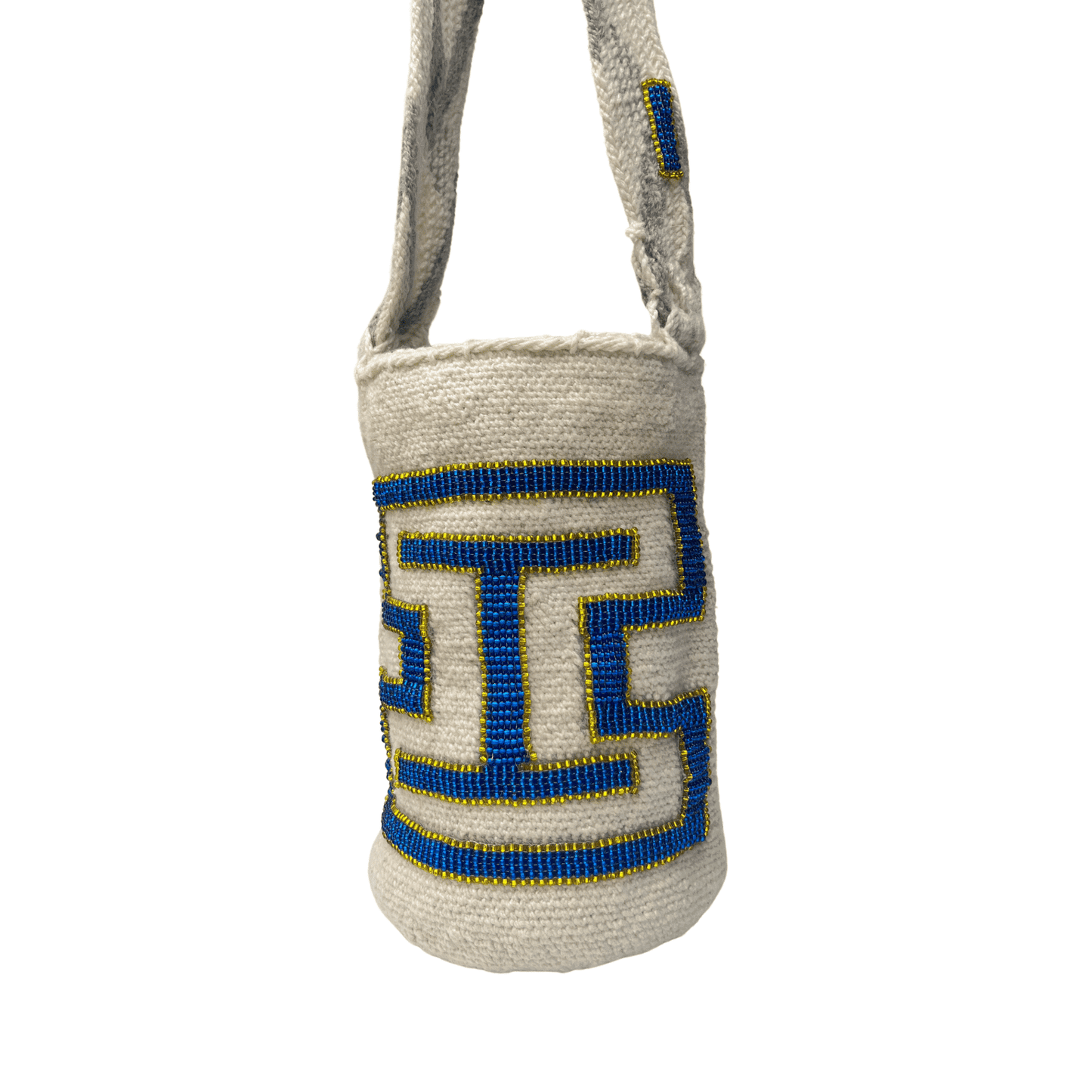 Mochila arhuaca para mujer decorada con mostacillas azules y amarillas