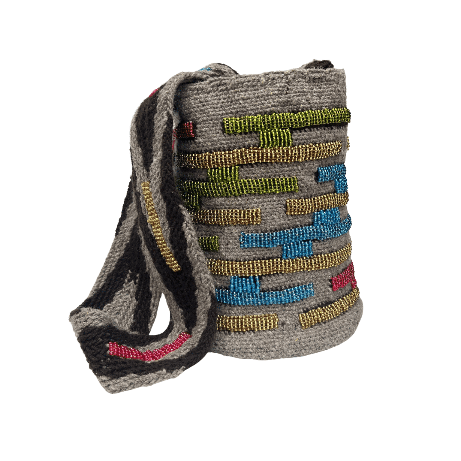 Mochila arhuaca para mujer con mostacillas de colores dorado, verde, azul y rosado