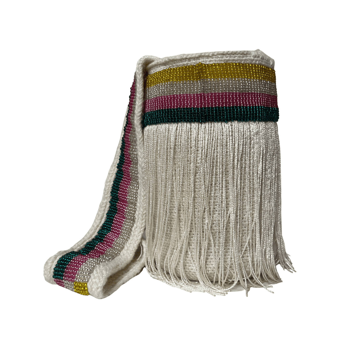 Mochila kankuama para mujer decorada con mostacillas de colores y lindos flecos
