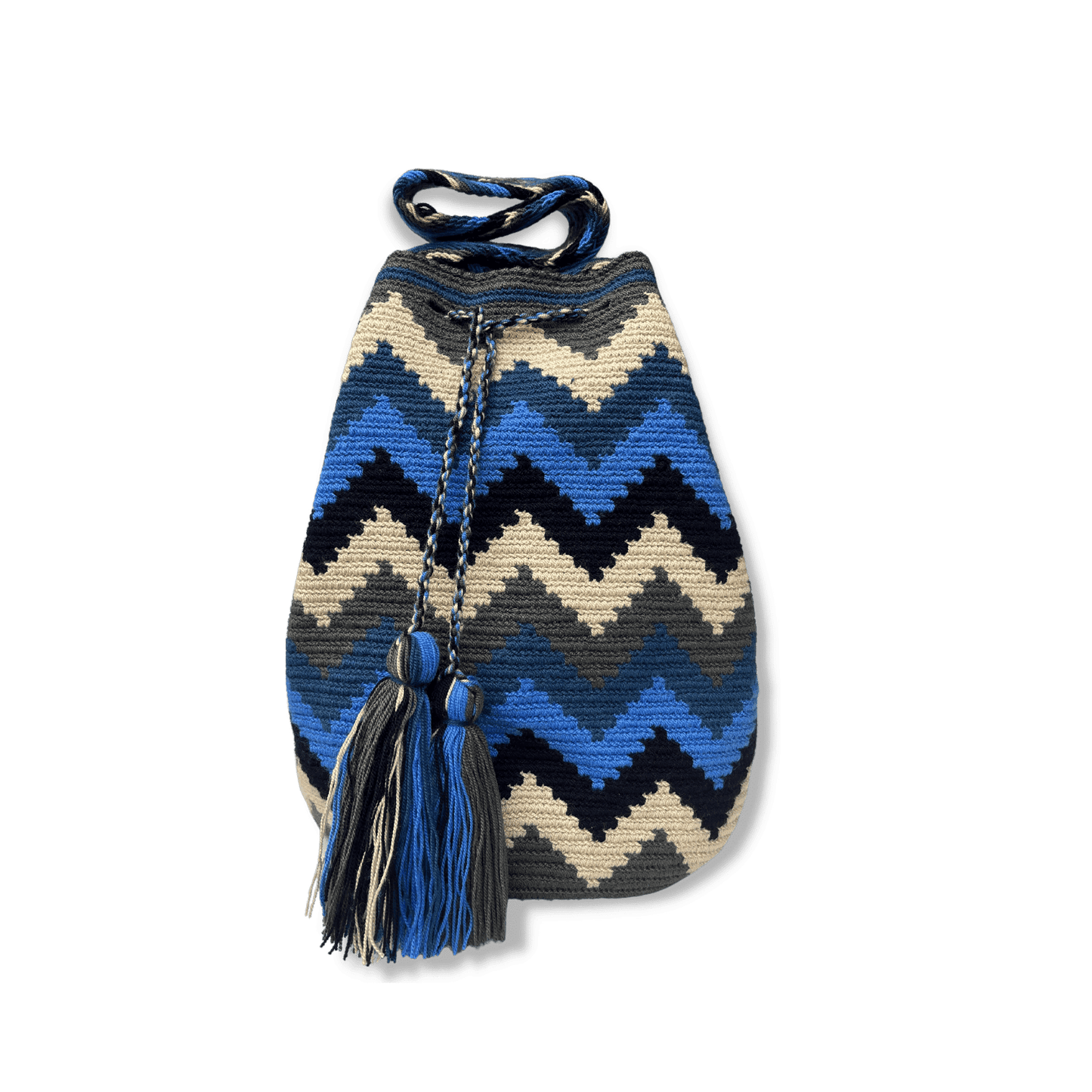 Bolso wayuu para mujer en colores azules, beige y gris