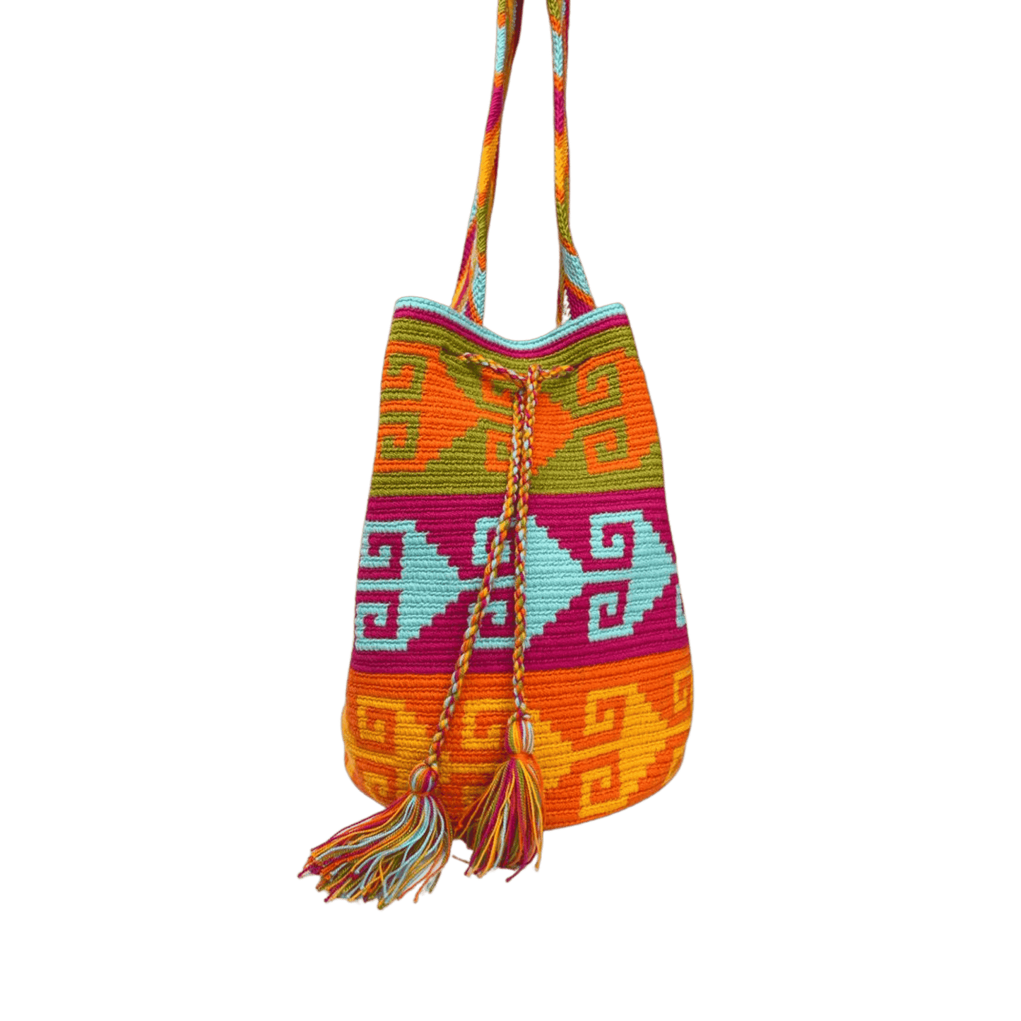 Bolso wayuu para mujer tejido a mano con un diseño precolombino de colores vivos
