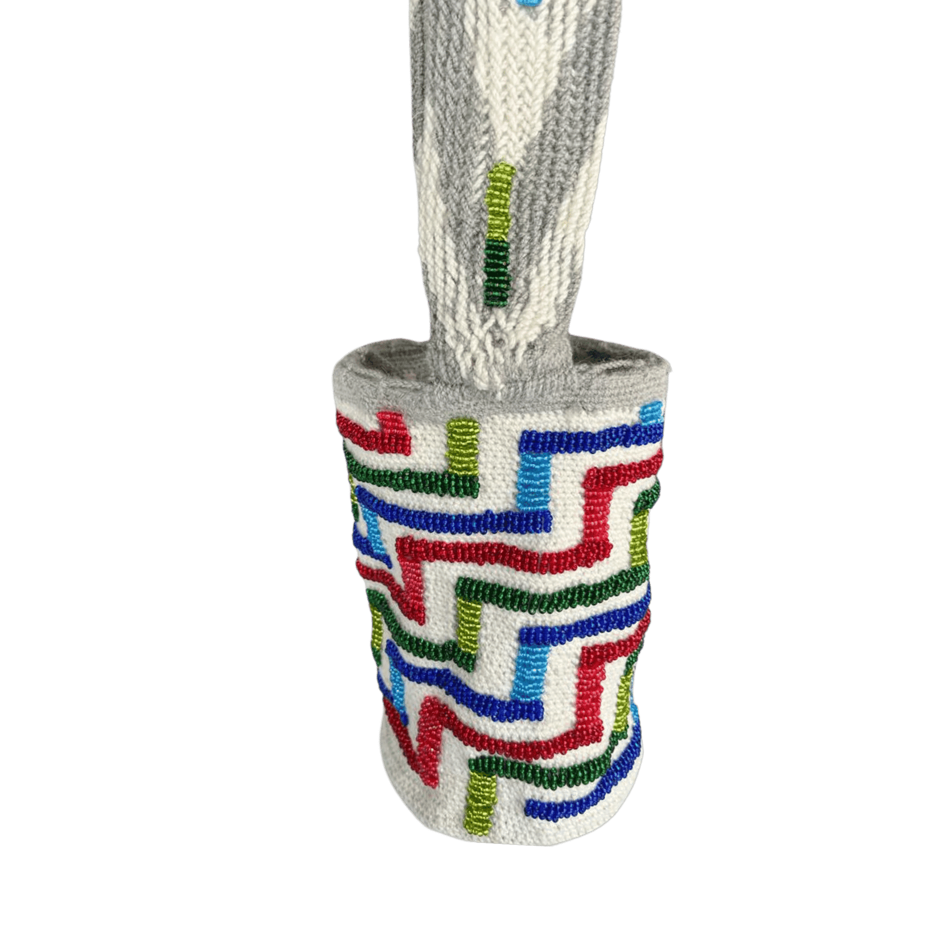 Mochila kankuama con diseño en escalera decorada con mostacillas verdes, azules y rojas