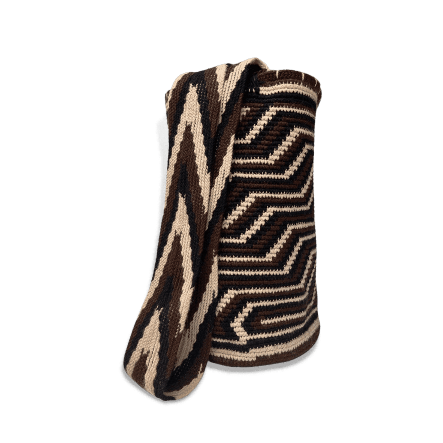 Mochila Wayuu original para hombre con diseño pensamiento en colores café, negro y beige
