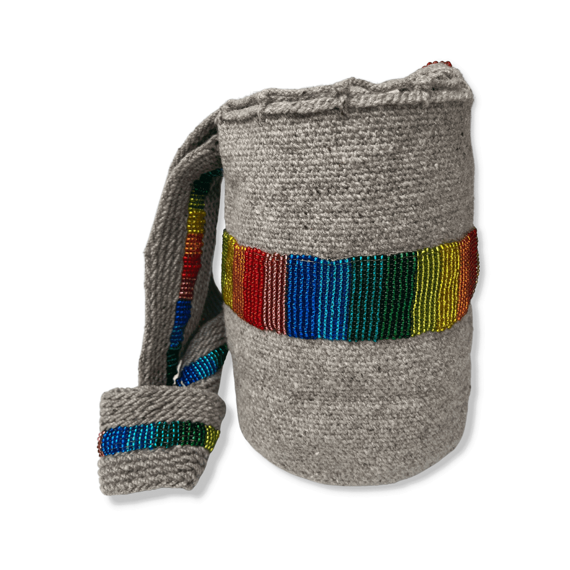 Mochila arhuaca decorada con mostacillas de colores del arcoiris