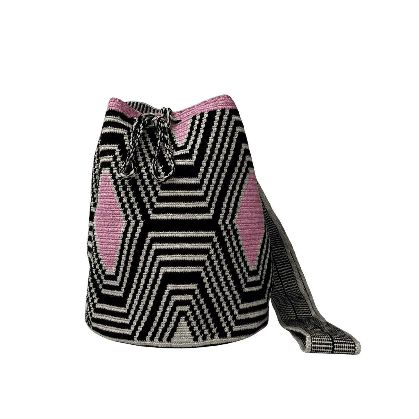 Mochila wayuu original tejida a una hebra en colores negro, beige y rosado