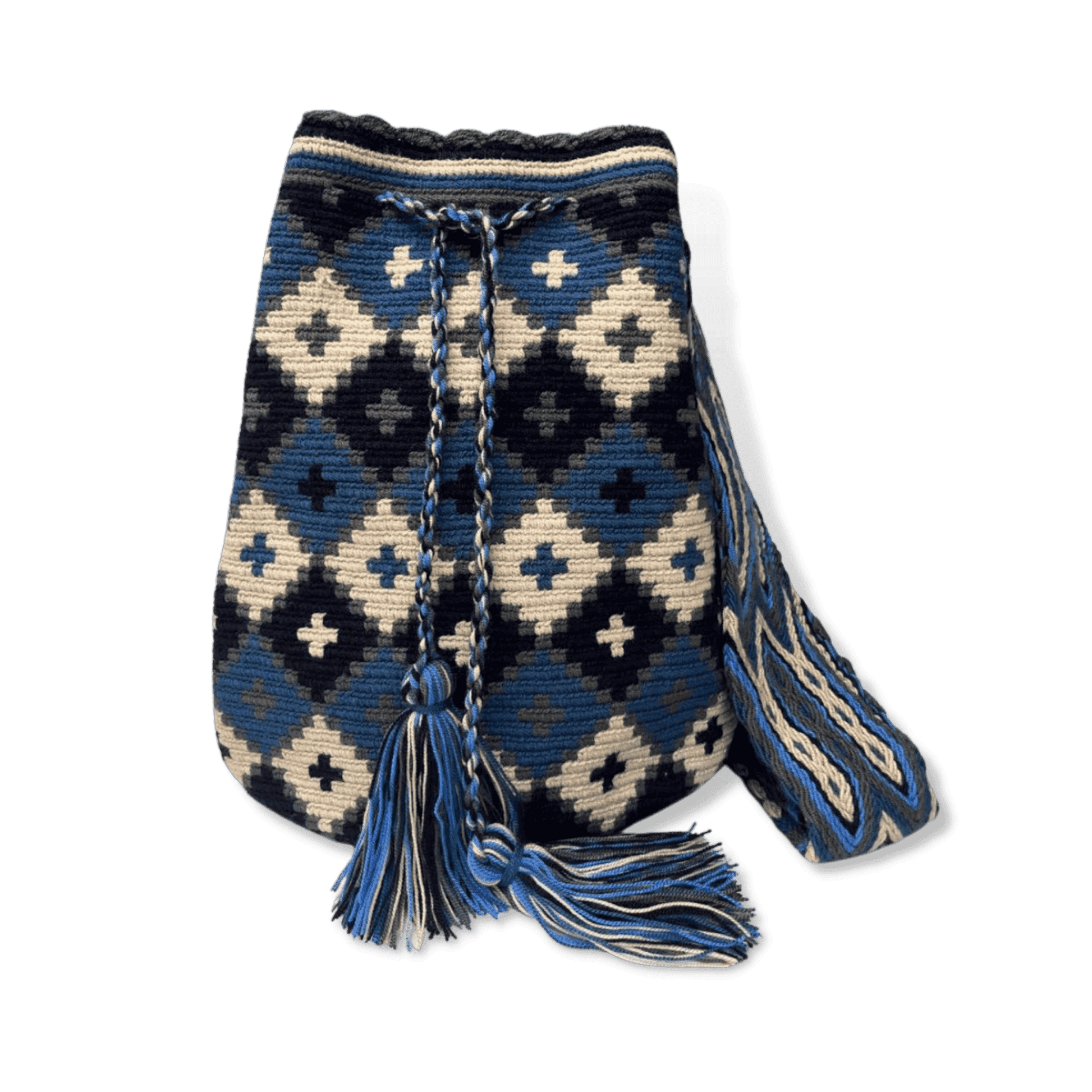 Mochila Wayúu para mujeres diseño rombos y cruces azules y beige