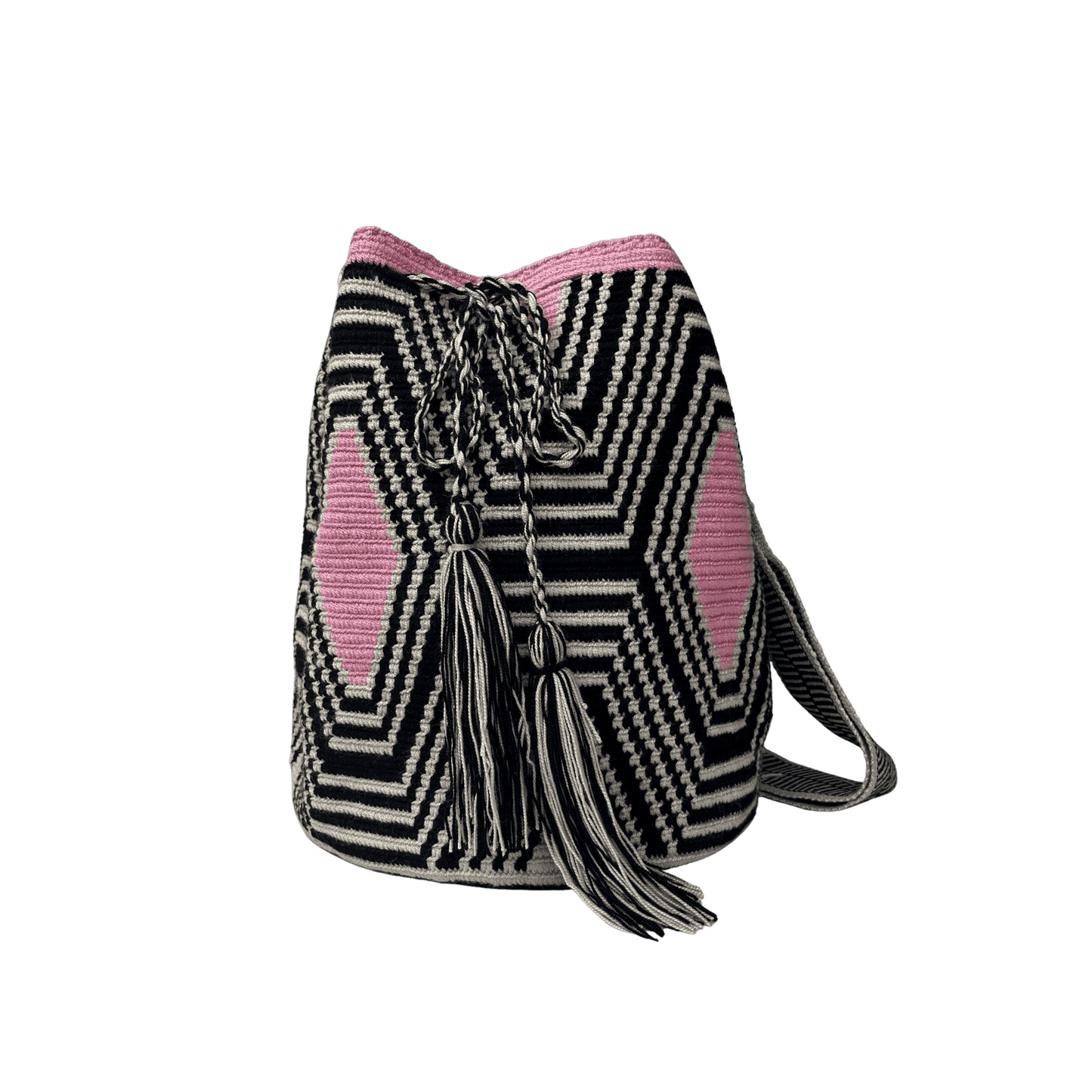 Mochila wayuu tejida a mano a una hebra en colores negro, beige y rosado