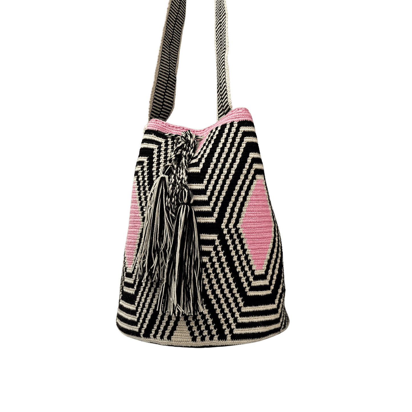 Mochila wayuu tejida a una hebra en colores negro, beige y rosado, con gaza paleteada