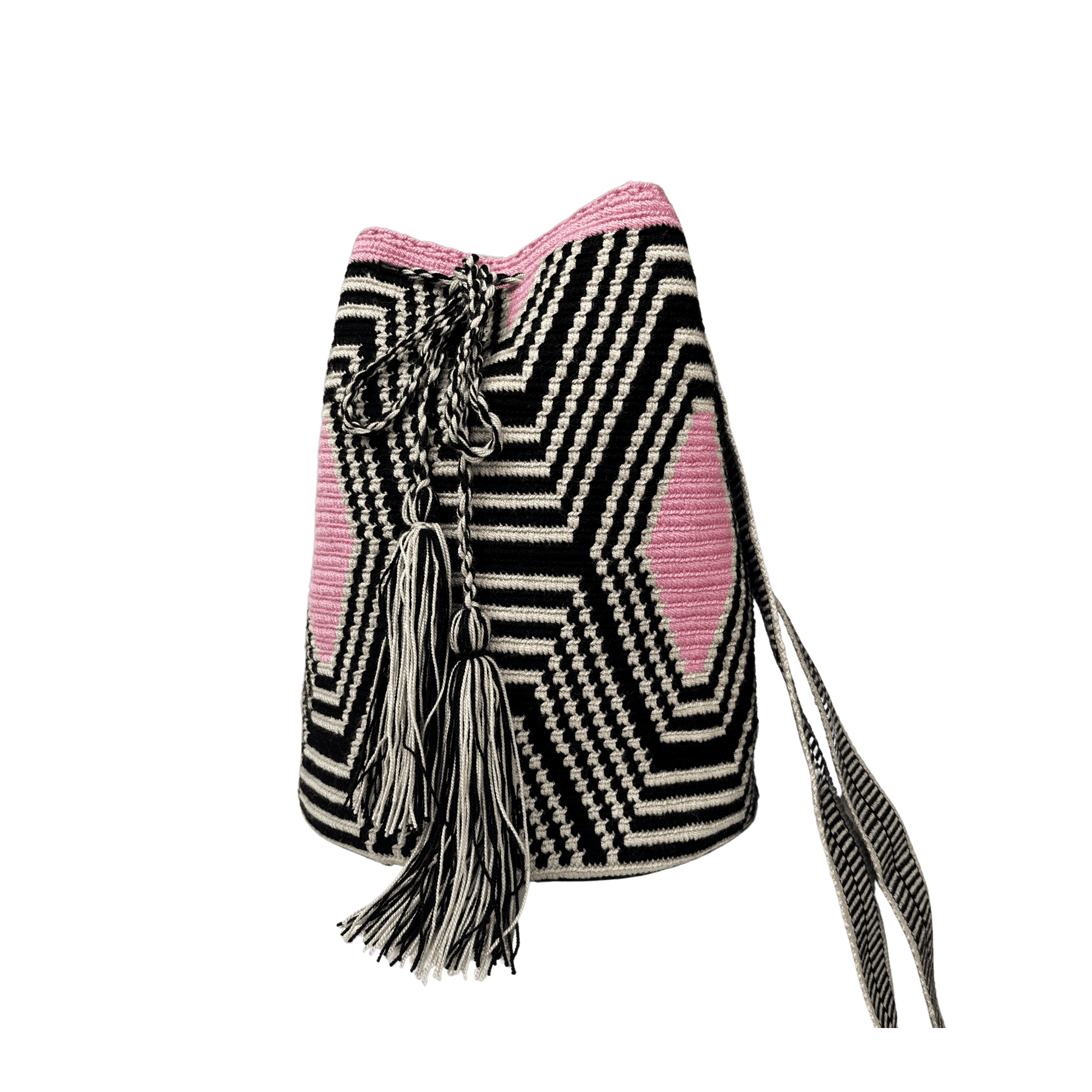 Mochila wayuu colores negro, beige y rosado