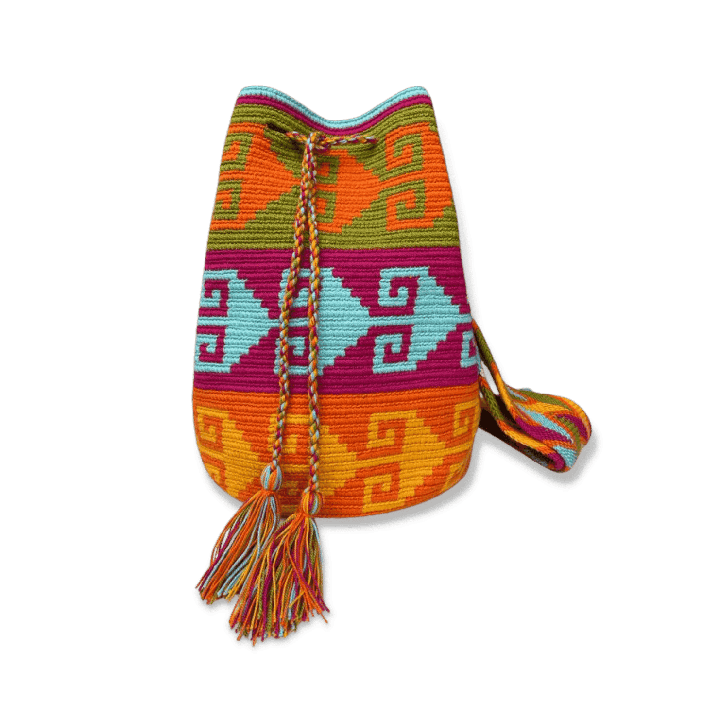 Mochila wayuu tejida a mano con un diseño precolombino de colores vivos y pasteles