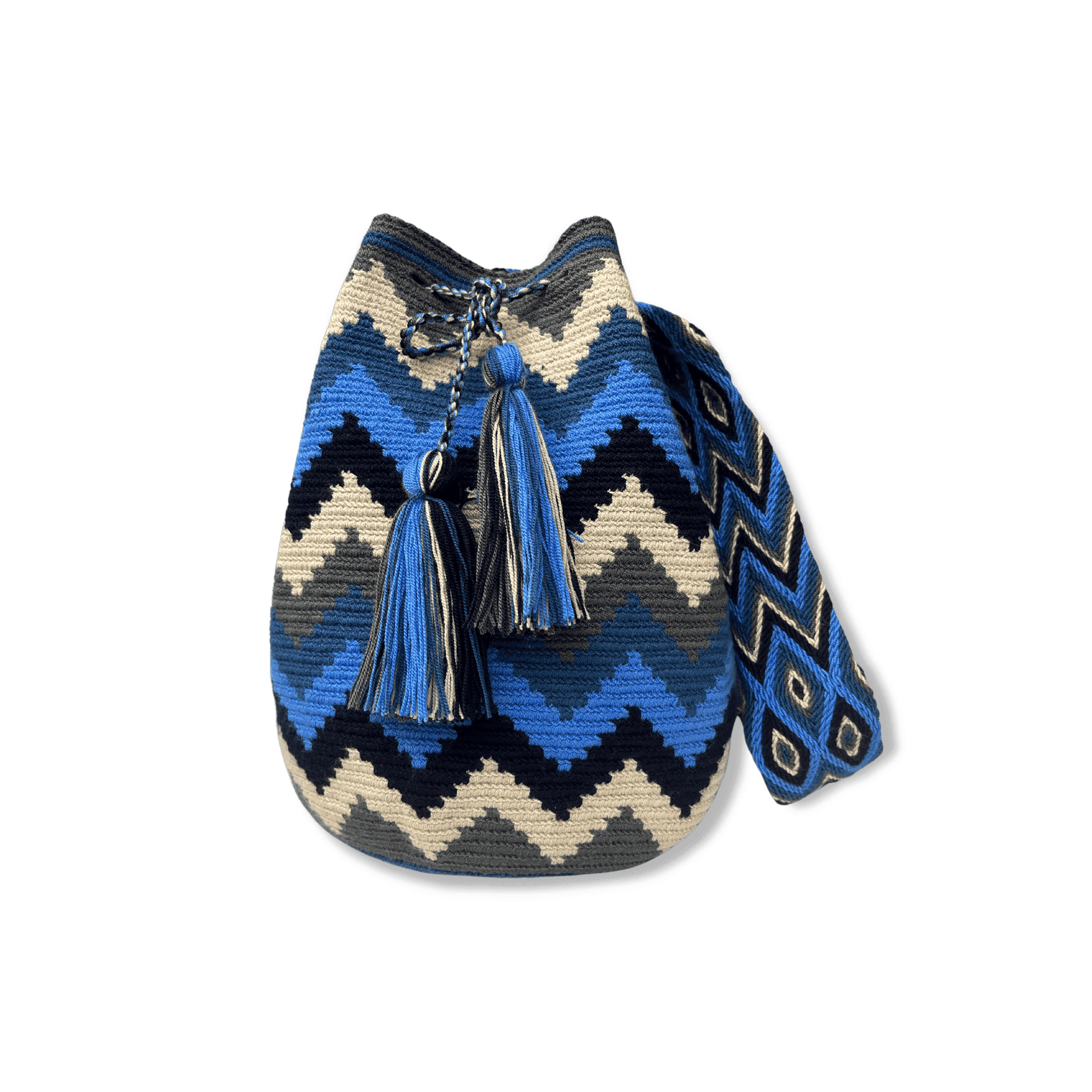Mochila wayu para mujer con diseño de montañas en colores azules, gris y beige