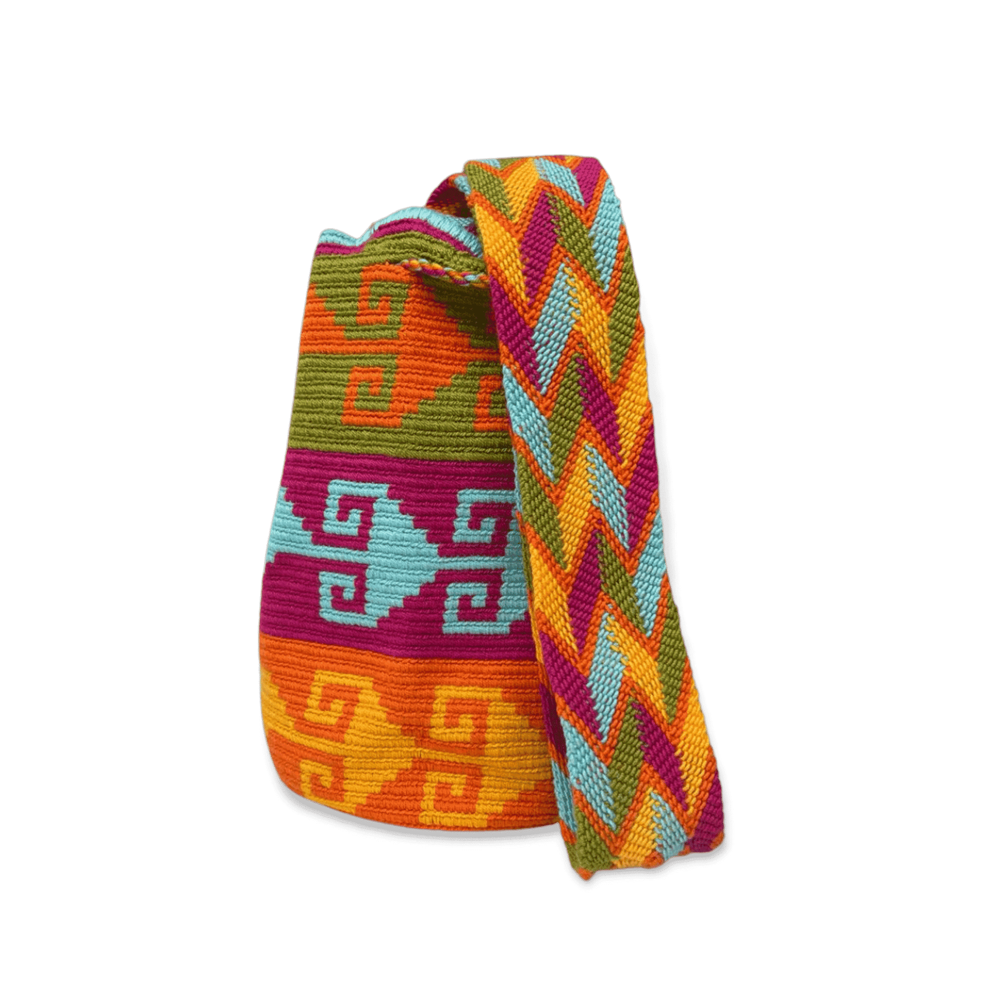 Mochila wayu original tejida a mano con un diseño precolombino de colores vivos