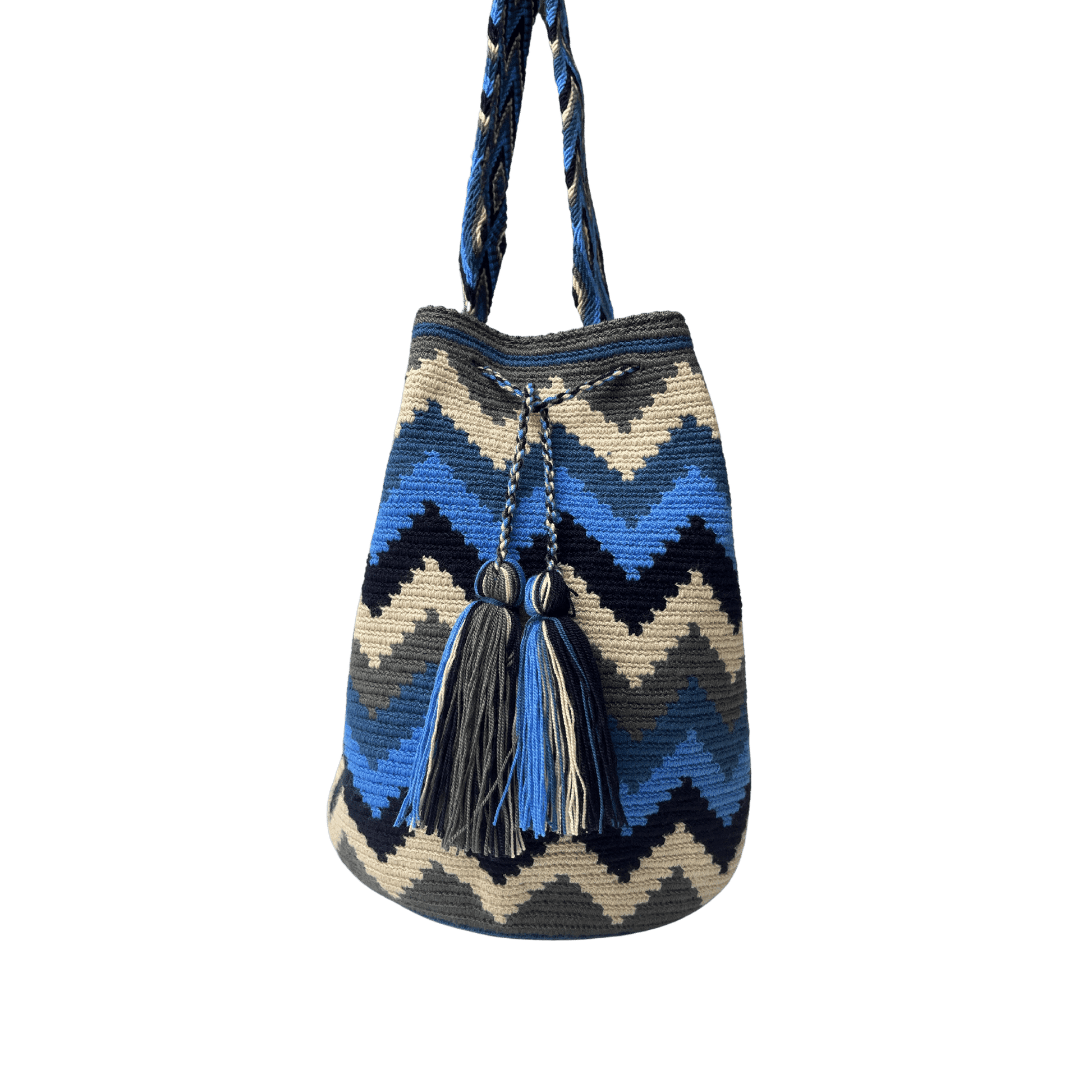 Mochila wayuu para mujer en colores azules, beige y gris