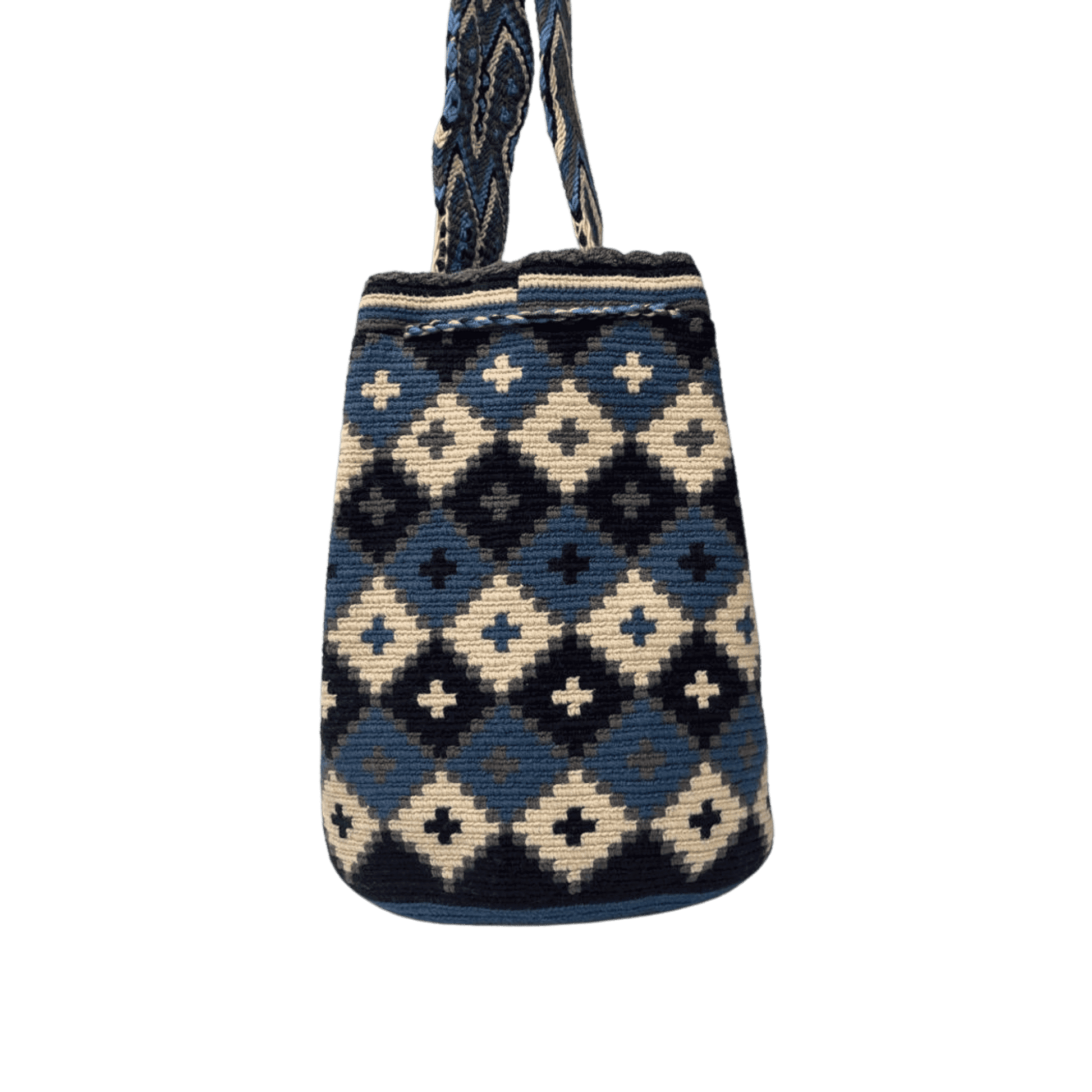 Mochila wayuu original con tejido de rombos y cruces azules y beige 