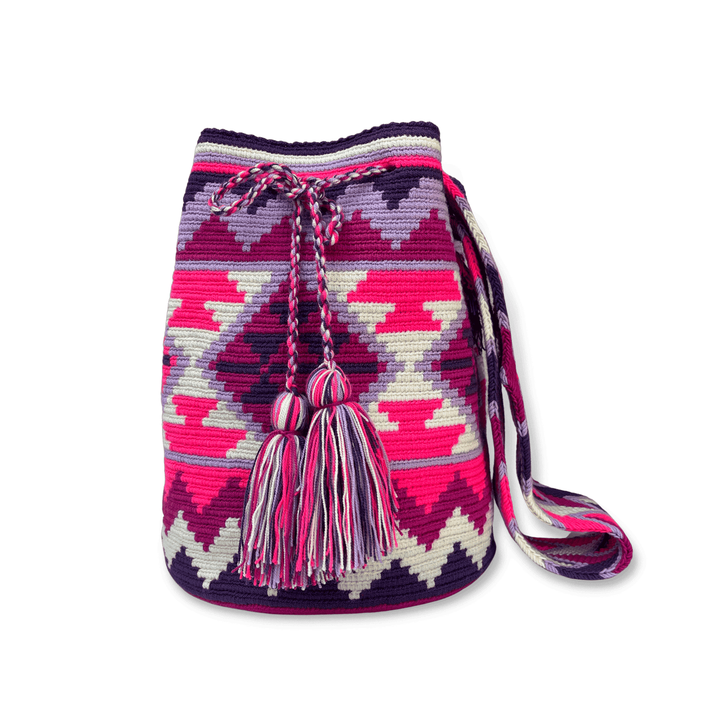 Bolso wayuu para mujer colores fucsia, blanco y morados