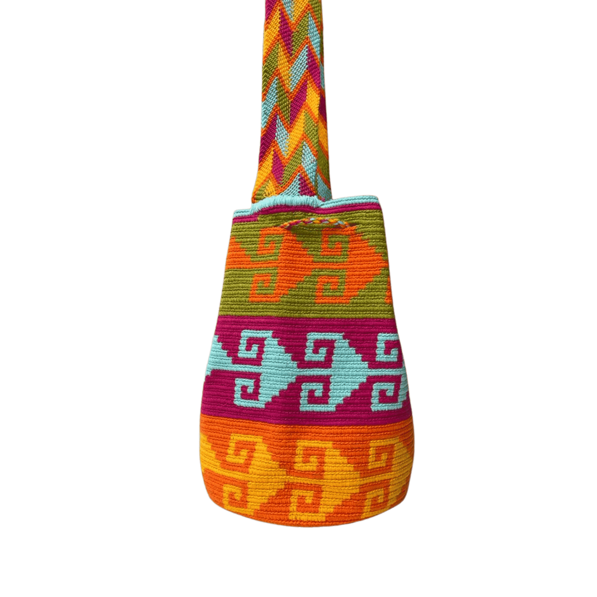 Mochila wayuu para mujer hecha a mano con un diseño precolombino de colores vivos
